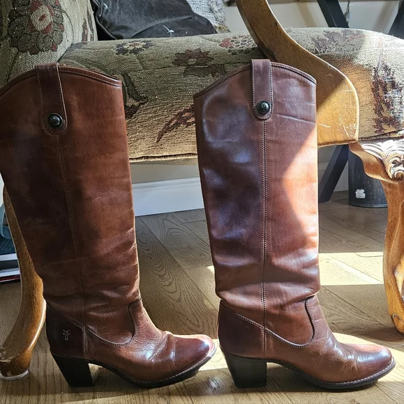 Frye Jackie Button Tall Boots 7.5 Cognac Brown Leather Western Riding - Picture 3 of 14